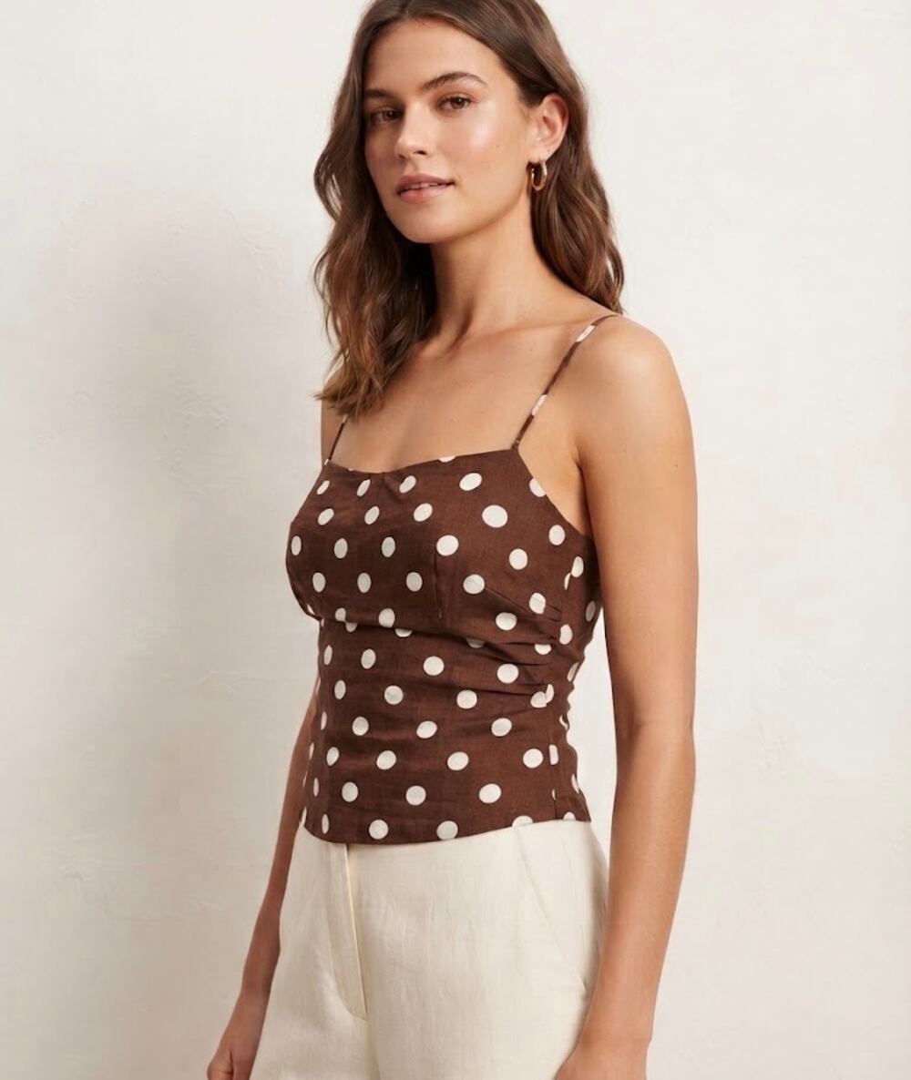 New few Moda kourt brown polka dot linen blend tank top sz S